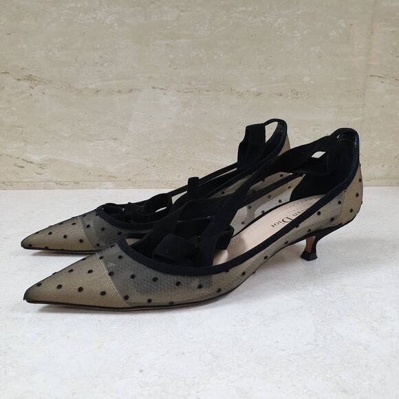 Dior Black Mesh And Suede Lovely D Polka Dot Ankle Wrap Pointed Toe Pumps sz.38 - Picture 1 of 7